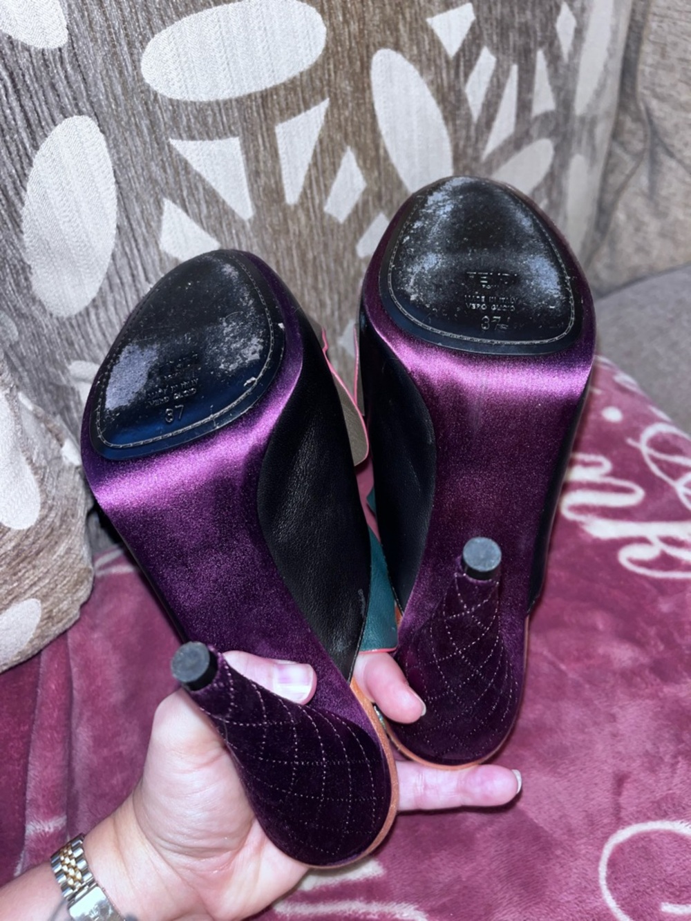 Fendi Green & Purple Floral Embroidered Leather Mules - Picture 5 of 14